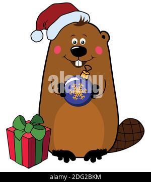 Funny cartoon Christmas beaver in Santa hat with gift box and Christmas ornament Stock Vector