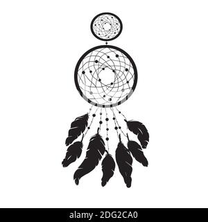 The Dreamcatcher's silhouette is decorated with feathers and beads. Hand-drawn vector illustration. Stock Vector