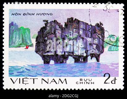 MOSCOW, RUSSIA - NOVEMBER 10, 2018: A stamp printed in Vietnam shows Dinh-huong Rock, Scenes of Ha Long bay serie, circa 1984 Stock Photo