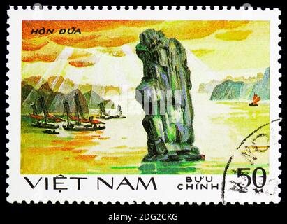 MOSCOW, RUSSIA - NOVEMBER 10, 2018: A stamp printed in Vietnam shows Dua Rock, Scenes of Ha Long bay serie, circa 1984 Stock Photo