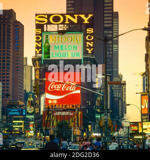 New York 1985, Times square at dusk, illuminated advertising signs 
