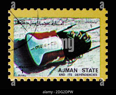 MOSCOW, RUSSIA - NOVEMBER 10, 2018: A stamp printed in Ajman shows Bobsleigh, Winter Olympics serie, circa 1973 Stock Photo