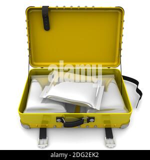 Suitcase with packets of drugs. Lots of sealed packages from a polymeric film with drugs in yellow open suitcase. 3D illustration Stock Photo