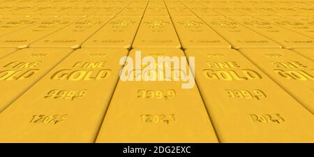 A lot of ingots of 999.9 Fine Gold lie in a row on white surface. 3D illustration Stock Photo