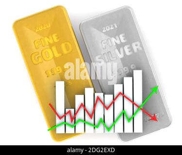 Changes in the value of precious metals. Two ingots of 999.9 Fine Gold and Fine Silver with graph on white surface. 3D illustration Stock Photo