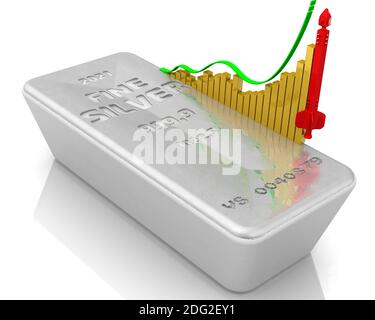 The rise in the value of silver. One ingot of 999.9 Fine Silver and a graph of rapid growth with conceptual red rocket. 3D illustration Stock Photo