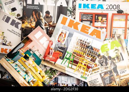 Galicia, Spain; december 07, 2020: group of ikea catalogs of various years. Spanish edition. Top view Stock Photo