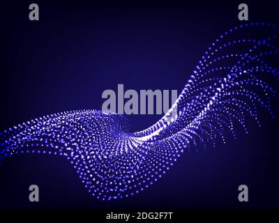 Blue wavy wave particle on dark blue background. Abstract technology or science banner. Cyber space background. Particles wave flow Stock Vector