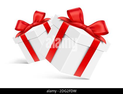 Two white gift boxes, for holiday design decoration. Realistic vector gift boxes, with red satin ribbons, isolated on the white background. Stock Vector