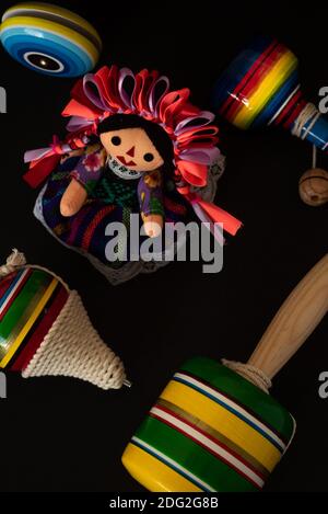 Beautiful Traditional colorful Mexican Handcraft toys, wooden Stock Photo