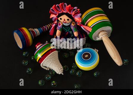 Beautiful Traditional colorful Mexican Handcraft toys, wooden Stock Photo