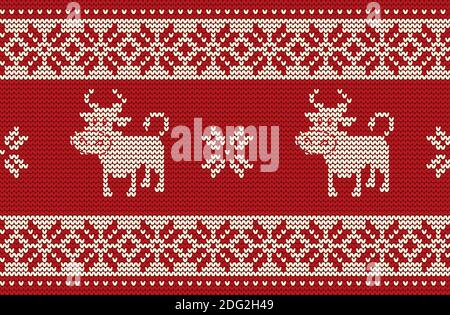 Knitted pattern with cute bulls. Ornament  in red and white colors. Seamless border. It can be used as a background to the New Year 2021. Year of Ox Stock Vector
