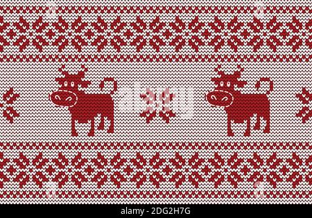 Knitted pattern with cute bulls. Ornament  in red and white colors. Seamless border. It can be used as a background to the New Year 2021. Year of ox Stock Vector