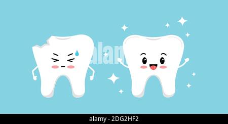 Chipped tooth and healthy tooth before, after treatment icon set. Stock Vector