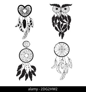 Set of Dreamcatcher silhouettes, ethnic vector illustration isolated on a white background. Suitable for printing on a t-shirt Stock Vector
