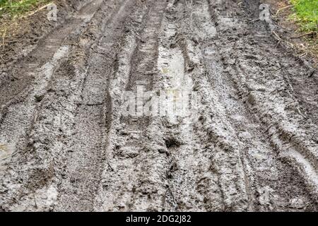 Extremely muddy trail with messy tire tracks next to River Cole in Whelford, England Stock Photo