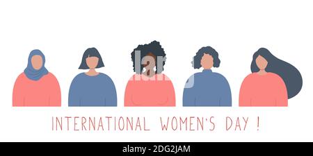 International Women's Day concept. Women's community. There are women of different races in the picture. People icons. Vector illustration Stock Vector