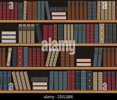 Bookshelves with books. Seamless background. Old books on the shelves. Library of retro books. Bookstore. Vector illustration. Stock Vector