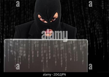portrait of hacker with mask and binary code background Stock Photo - Alamy