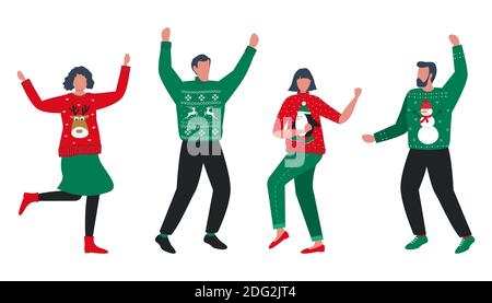 Ugly Christmas Sweater Party. People in red and green Christmas sweaters with deer, snowman, penguin are dance. Vector illustration Stock Vector