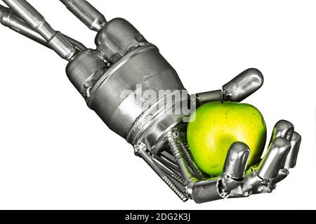 Robot hand with green apple on isolated white background