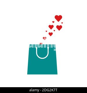 Valentine's day of Sale banner, hearts flying out of shopping bag, love store concept. Stock vector illustration isolated on white background. Stock Vector
