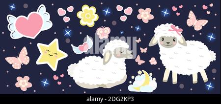 Cute sheep set objects. Collection design elements with lambs, hearts, stars, lovely flowers, moon. Good night concept. Kids baby clip art funny Stock Vector