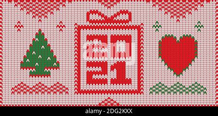 2021 Christmas greeting card with a knitted sweater pattern. Cozy New Year banner design. Xmas vector illustration with knitted new year tree, heart, and gift box. Stock Vector
