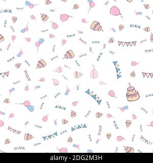 Hand drawn seamless pattern with Doodle balloons, cap, gift, flag, cake. Birthday background. Stock Vector