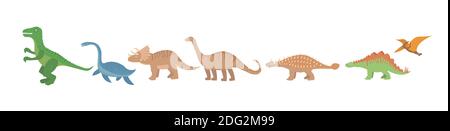 Dinosaurs flat icon set, cartoon style. Collection of objects with pterosaur, stegosaurus, triceratops, allosaurus, tyrannosaurus, apatosaurus Stock Vector