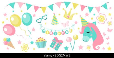 Happy birthday modern cute icons set, cartoon flat style. Party collection of design elements with unicorn, balloons, gerland, sweets. Candy and cake Stock Vector