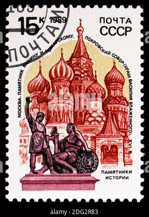 MOSCOW, RUSSIA - NOVEMBER 10, 2018: A stamp printed in USSR (Russia) shows Saint Basil's cathedral and Minin and Pozharsky statue, Moscow, Historical Stock Photo