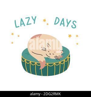 Cat sleeps on a comfortable ottoman. Cozy home Stock Vector