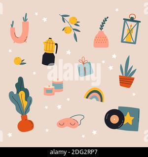 Hygge decor things. Winter holiday decor set. Stock Vector