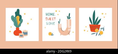 Vases with plants. Interior in scandinavian style Stock Vector