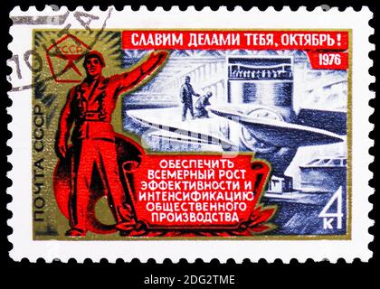 MOSCOW, RUSSIA - NOVEMBER 10, 2018: A stamp printed in USSR (Russia) shows Industry, October revolution serie, circa 1976 Stock Photo