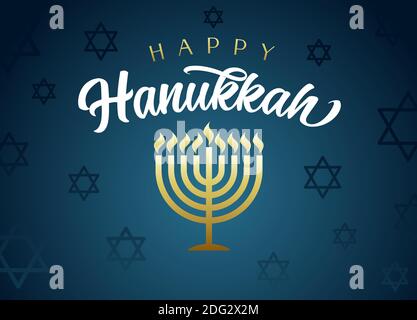Happy Hanukkah lettering, the Jewish festival of lights with golden menorah, flames and David stars on blue background. Holiday Hanuka vector Stock Vector
