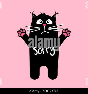 Sad cute cat with text Sorry. Kawaii black cat on pink background. Vector cartoon Illustration in flat. For printing on mugs or t-shirts. Stock Vector