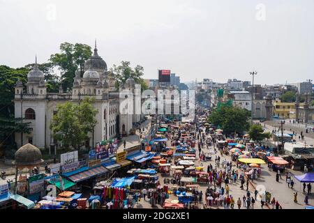 Govt Nizamia General Hospital in front of Charminar - a view from the upper floors of Charminar in Hyderabad, Telangana, India - historical place Stock Photo