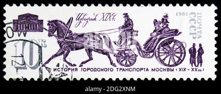 MOSCOW, RUSSIA - NOVEMBER 10, 2018: A stamp printed in USSR (Russia) shows Horse-drawn carriage, Historical transport serie, circa 1981 Stock Photo