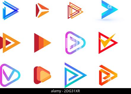 Play button vector creative logo collection. Right arrow signs. Modern vector graphic for app, media editor symbols Stock Vector