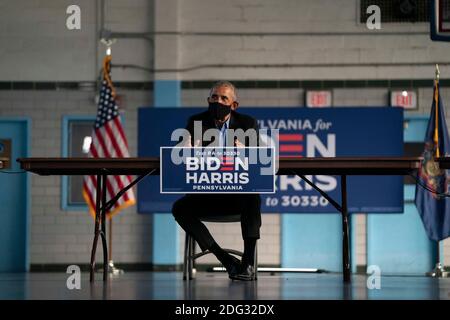 Former US President Barack Obama speaks with supporters of Democratic presidential candidate Joe Biden and running mate Kamala Harris during a roundtable in Philadelphia, Pennsylvania on October 21, 2020. - Former US president Barack Obama hit the campaign trail for Joe Biden today in a bid to drum up support for his former vice president among young Americans and Black voters in the final stretch of the White House race. Credit: Alex Edelman/The Photo Access Stock Photo