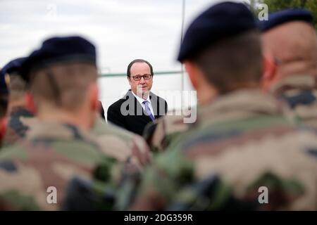 French President Francois Hollande inspects a group of French soldiers at the Iraqi Counter Terrorism Service Academy on the Baghdad Airport Complex in Baghdad, Iraq, Monday, January 2, 2017. Hollande is in Iraq for a one-day visit. The soldiers are part of a task force to assess and advise Iraqi security forces under the command of international military instructors. Photo by Christophe Ena/Pool/ABACAPRESS.COM Stock Photo