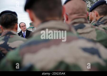 French President Francois Hollande addresses French soldiers at the Iraqi Counter Terrorism Service Academy on the Baghdad Airport Complex in Baghdad, Iraq, Monday, January 2, 2017. Hollande is in Iraq for a one-day visit. The soldiers are part of a task force to assess and advise Iraqi security forces under the command of international military instructors. Photo by Christophe Ena/Pool/ABACAPRESS.COM Stock Photo