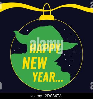 Happy New Year text on green Master Yoda Sticker, black square background. Vector Illustration, web site Cover, Movie Night flyer, invitation template Stock Vector
