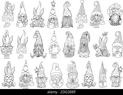 Gnomes Vector Bundle. Collection on Santa hat gnomes, Easter and Valentines Day Gnomies. For adult coloring book and antistress pages. Handdrawn characters set Stock Vector