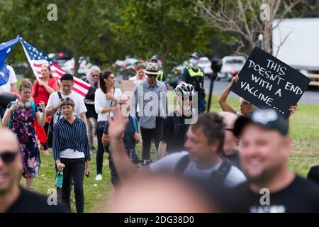 South Yarra, Australia, 5 December, 2020. An Anti Vaccine placard is seen during the Sack Daniel Andrews Protest in Fawkner Park. Parts of the community are looking to hold the Victorian Premier accountable for the failings of his government that led to more than 800 deaths during the Coronavirus crisis. Victoria has recorded 36 days Covid free as pressure mounts on the Premier Daniel Andrews to relax all remaining restrictions. Credit: Dave Hewison/Alamy Live News Stock Photo