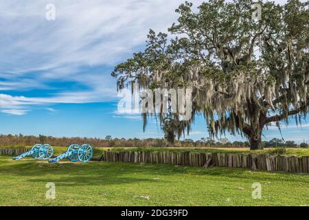 Battle of New Orleans 1815 location with live oak tree and Spanish moss Jean Lafitte National Historical Park, Chalmette Battlefield, Louisiana. Stock Photo