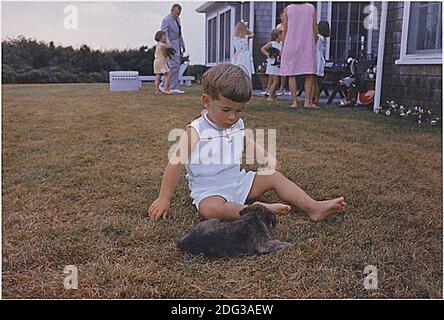 John F. Kennedy Jr. with puppy on in Hyannisport, MA, USA, on August 3, 1963. Photo by Cecil Stoughton - The White House via CNP Stock Photo