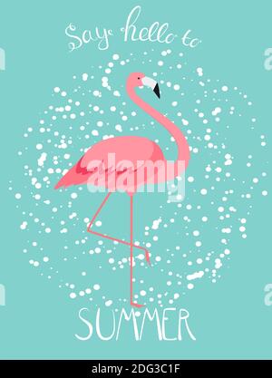 Summer creative poster with pink flamingo. Illustration. Stock Photo